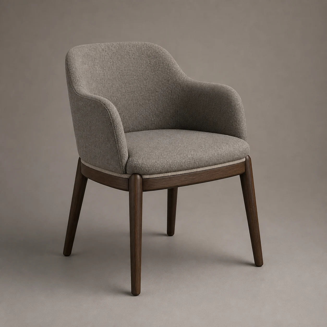 Relay Dining Armchair studio concept visual in warm-grey textile, smoked-walnut legs