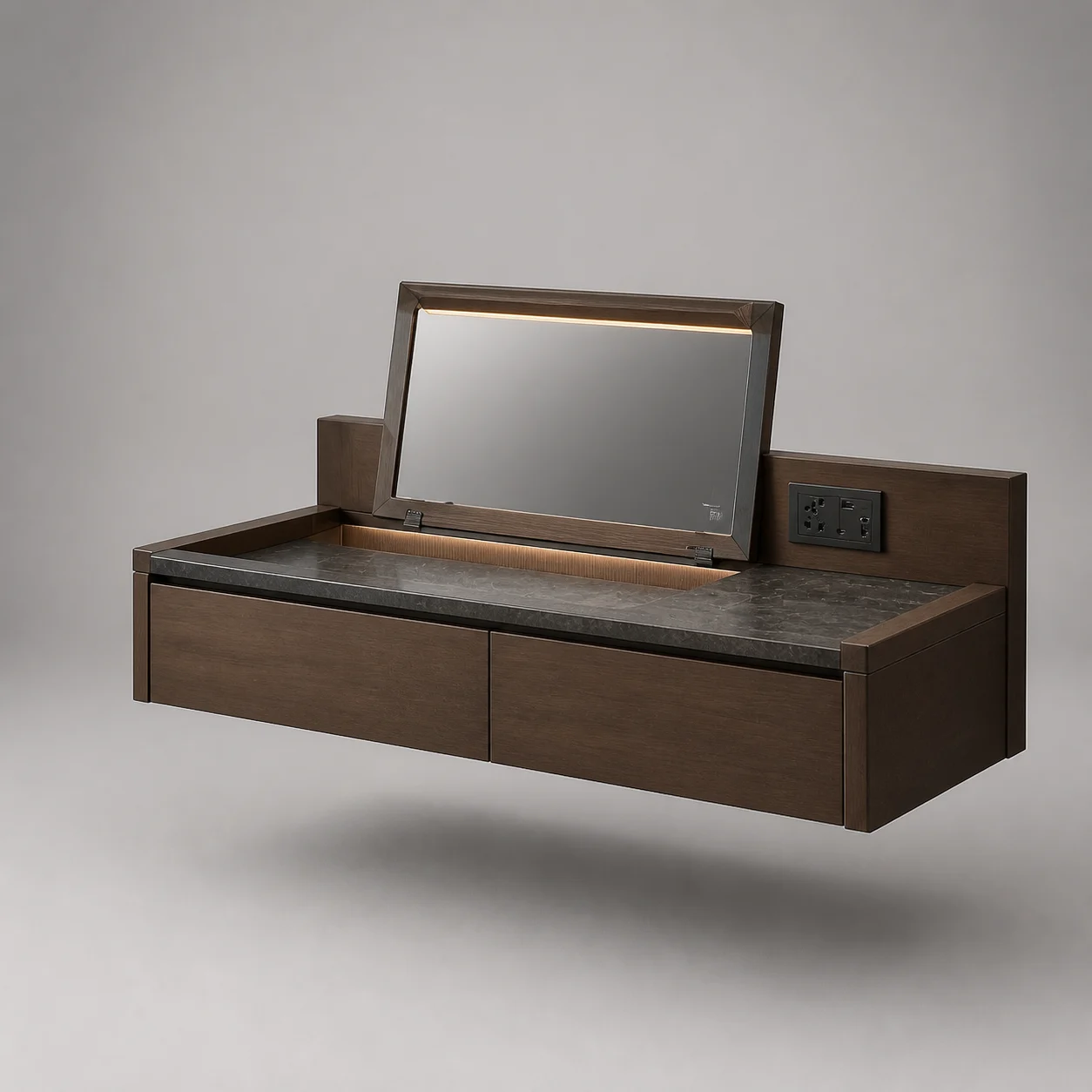 Shift Desk–Vanity studio concept visual in smoked walnut, charcoal stone, satin gunmetal