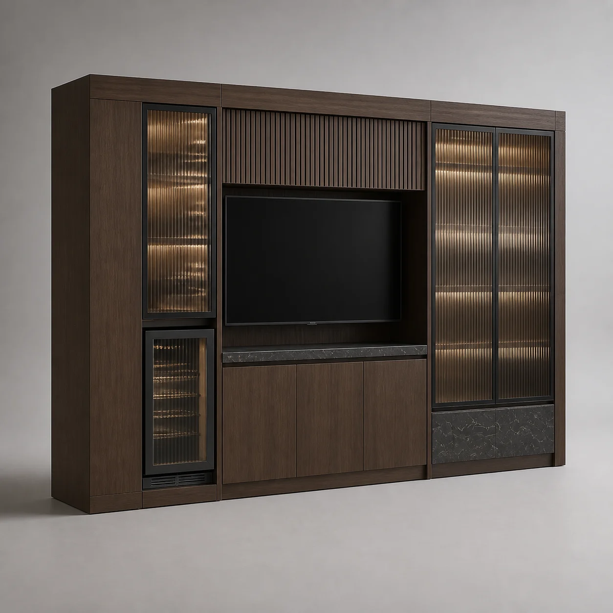 Vault Media–Minibar Wall studio concept visual in smoked walnut, bronze ribbed glass, charcoal stone