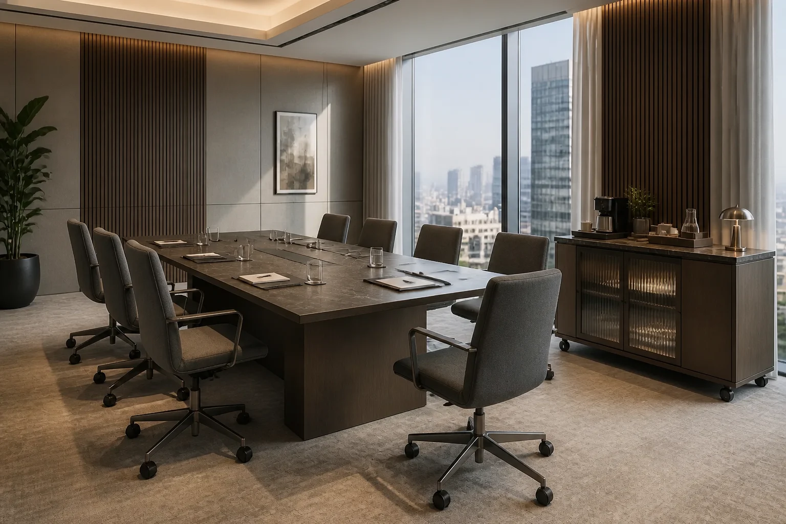 Executive club meeting lounge with conference table, ergonomic chairs and mobile hospitality credenza
