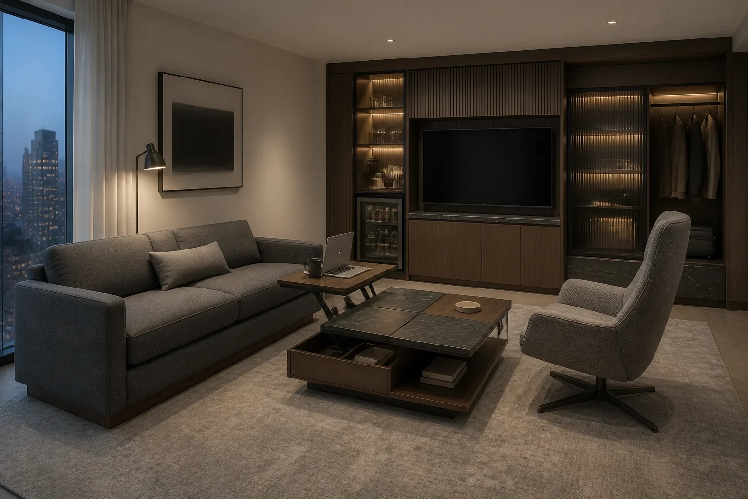 Executive hotel suite with convertible sofa, work lounge chair and integrated media minibar wall
