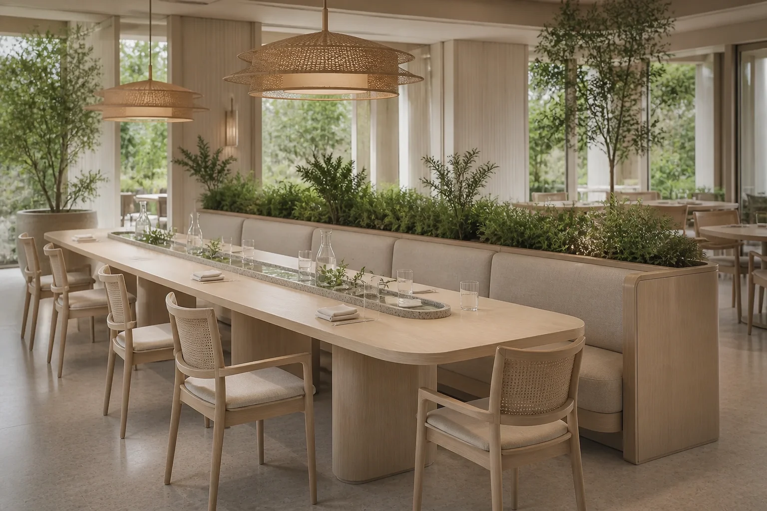 Biophilic wellness restaurant with pale ash table, planted banquette and woven lighting