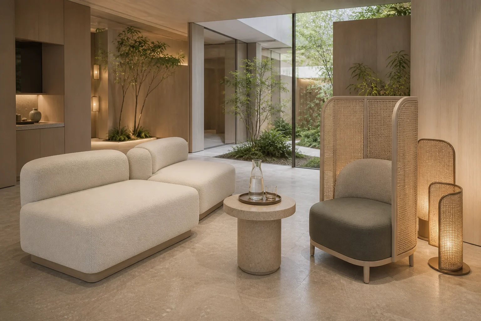 Luxury spa reception with cloud sofa, acoustic privacy chairs and hydration table