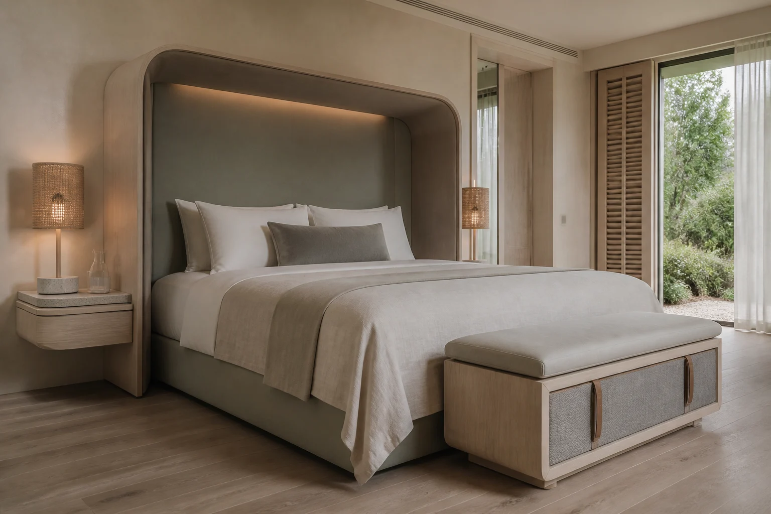 Biophilic wellness hotel guest room with acoustic bed, pale ash and soft circadian lighting
