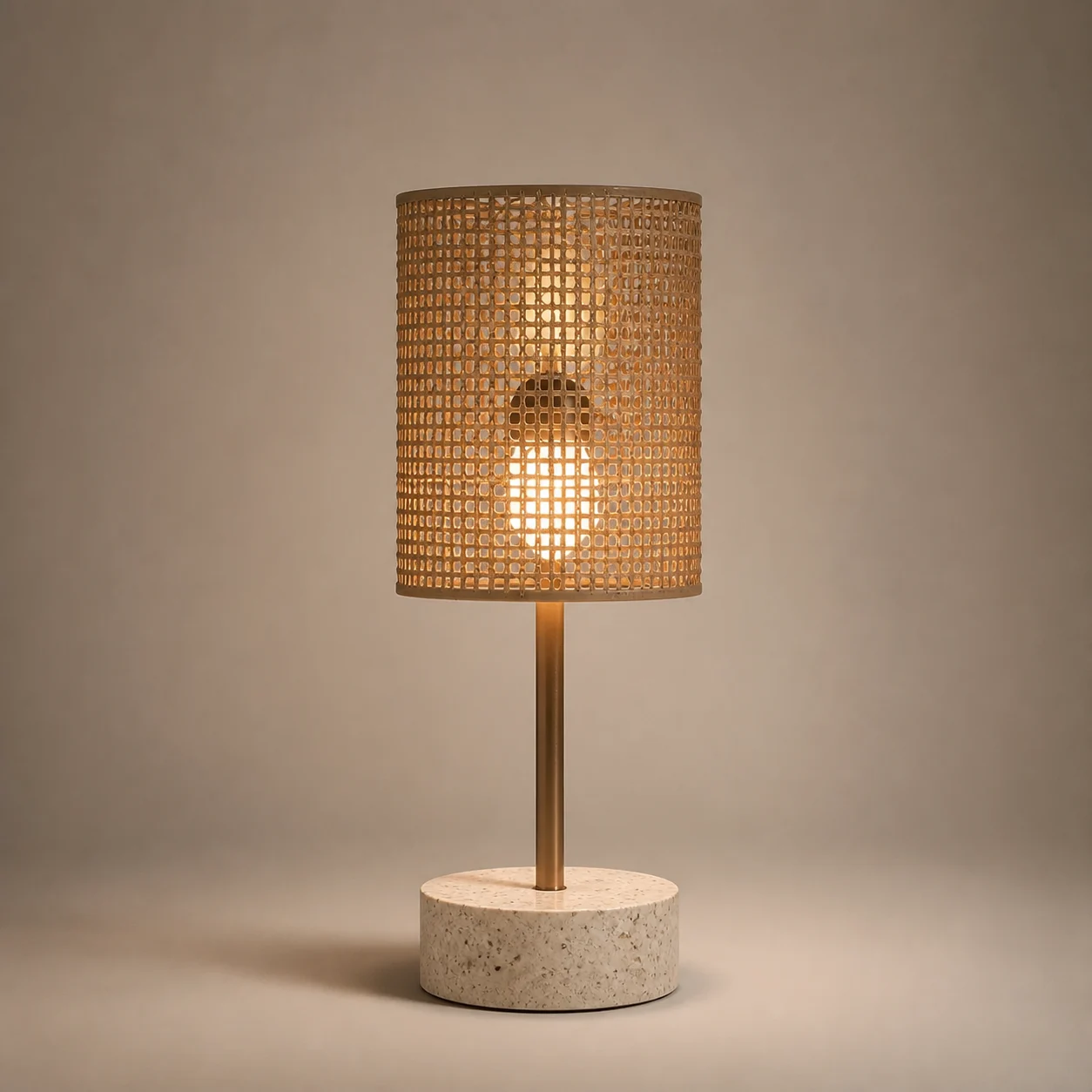 Circadia Bedside Lamp studio concept visual in natural fibre, patinated bronze, warm terrazzo