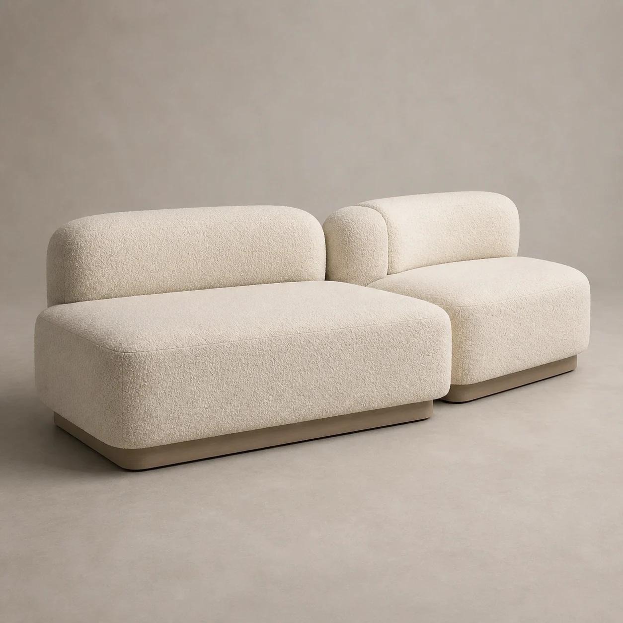 Cloud Reception Sofa studio concept visual in soft ivory textile, pale-ash recessed base