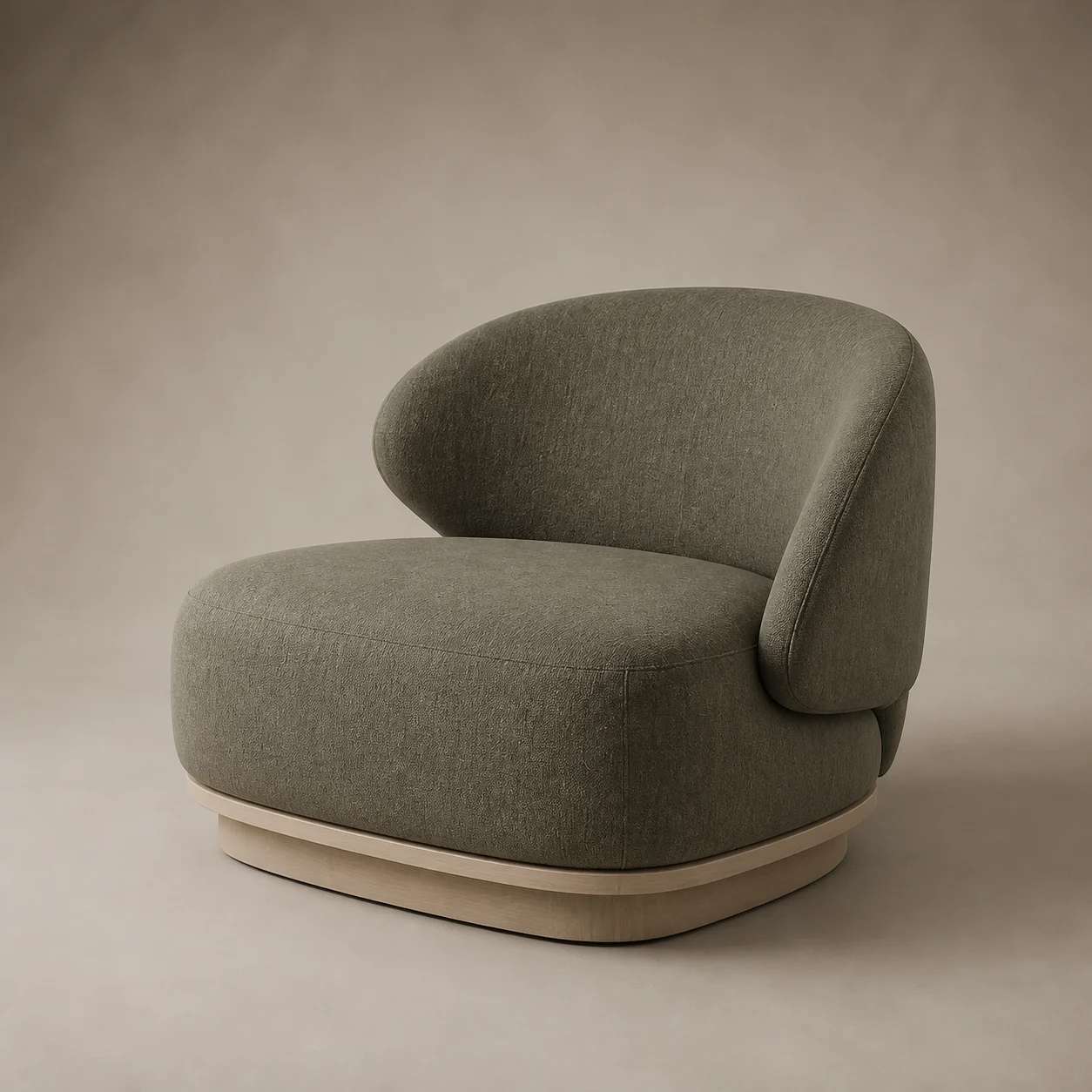 Cocoon Meditation Chair studio concept visual in moss-grey textile, pale-ash base