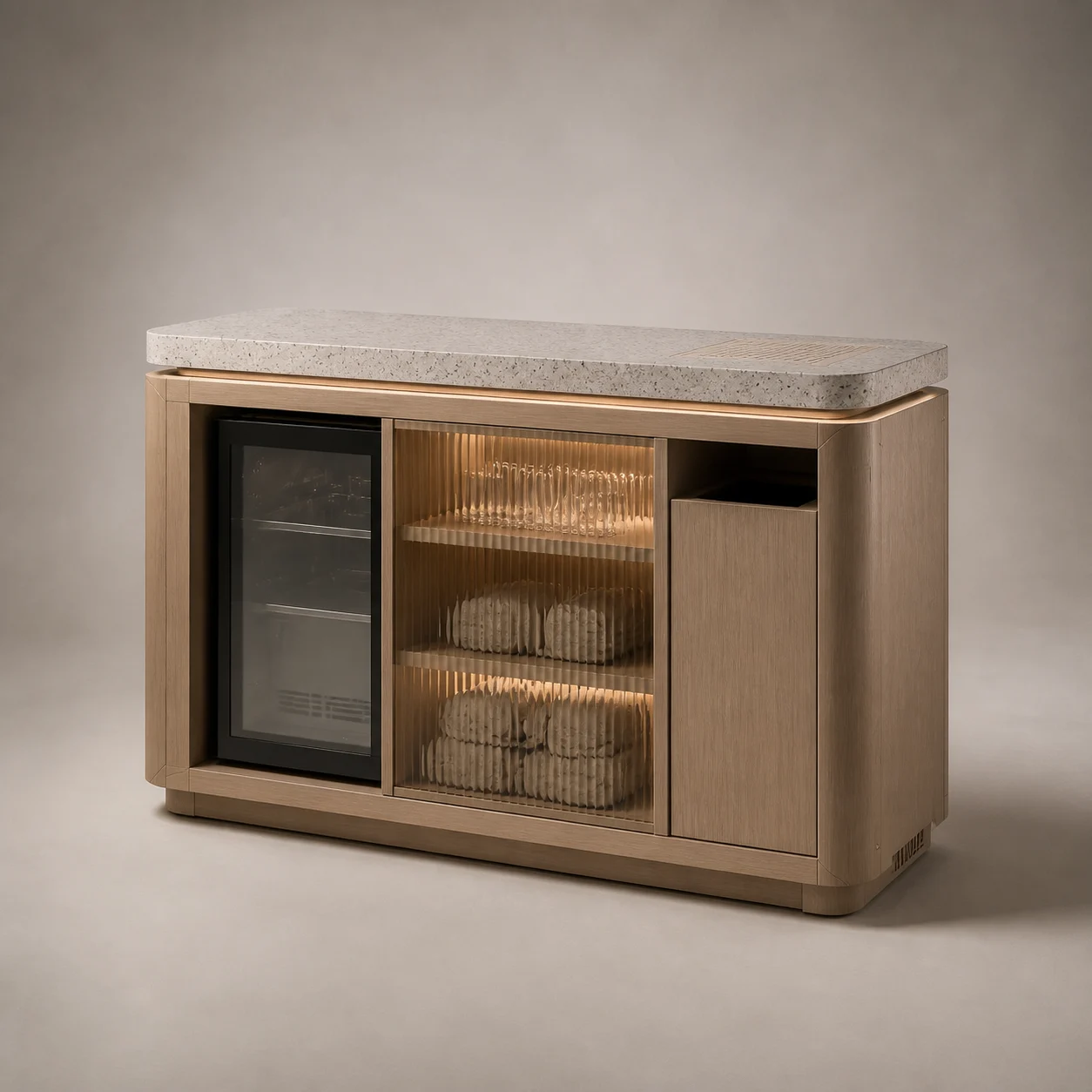 Flow Hydration Console studio concept visual in pale ash, mineral terrazzo, warm ribbed glass