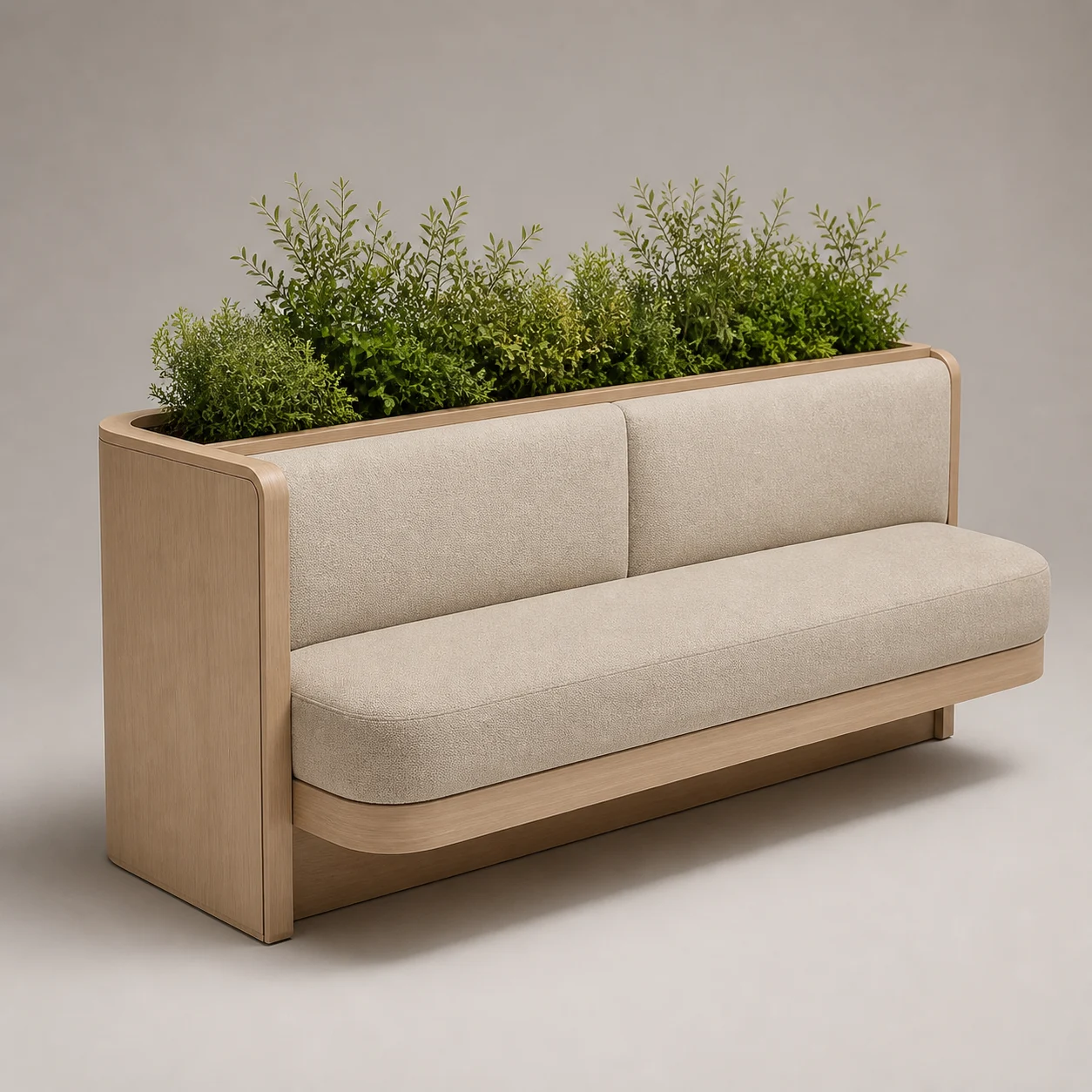 Grove Planter Banquette studio concept visual in warm flax textile, pale ash, moss planting palette