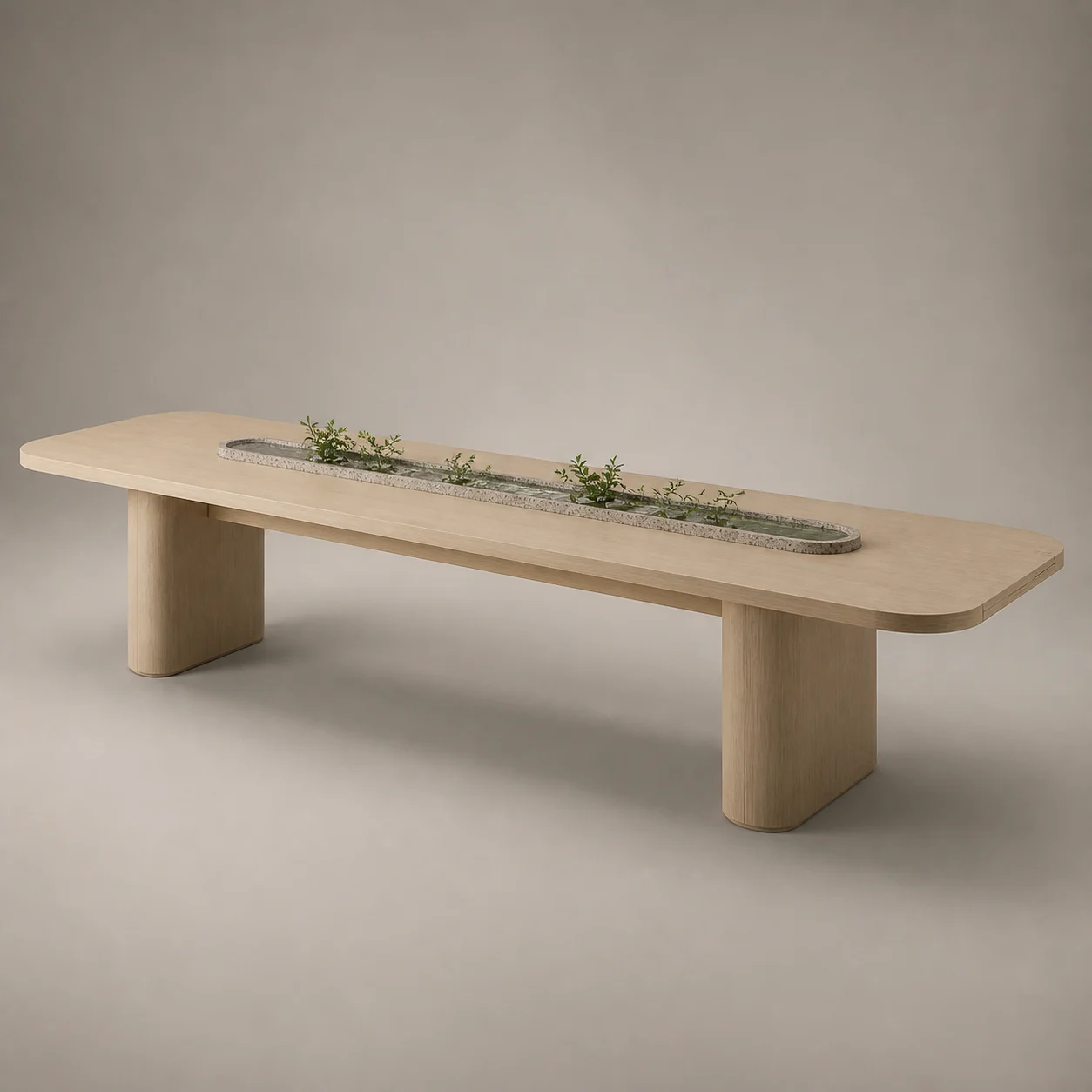 Harvest Wellness Table studio concept visual in pale ash, warm mineral terrazzo