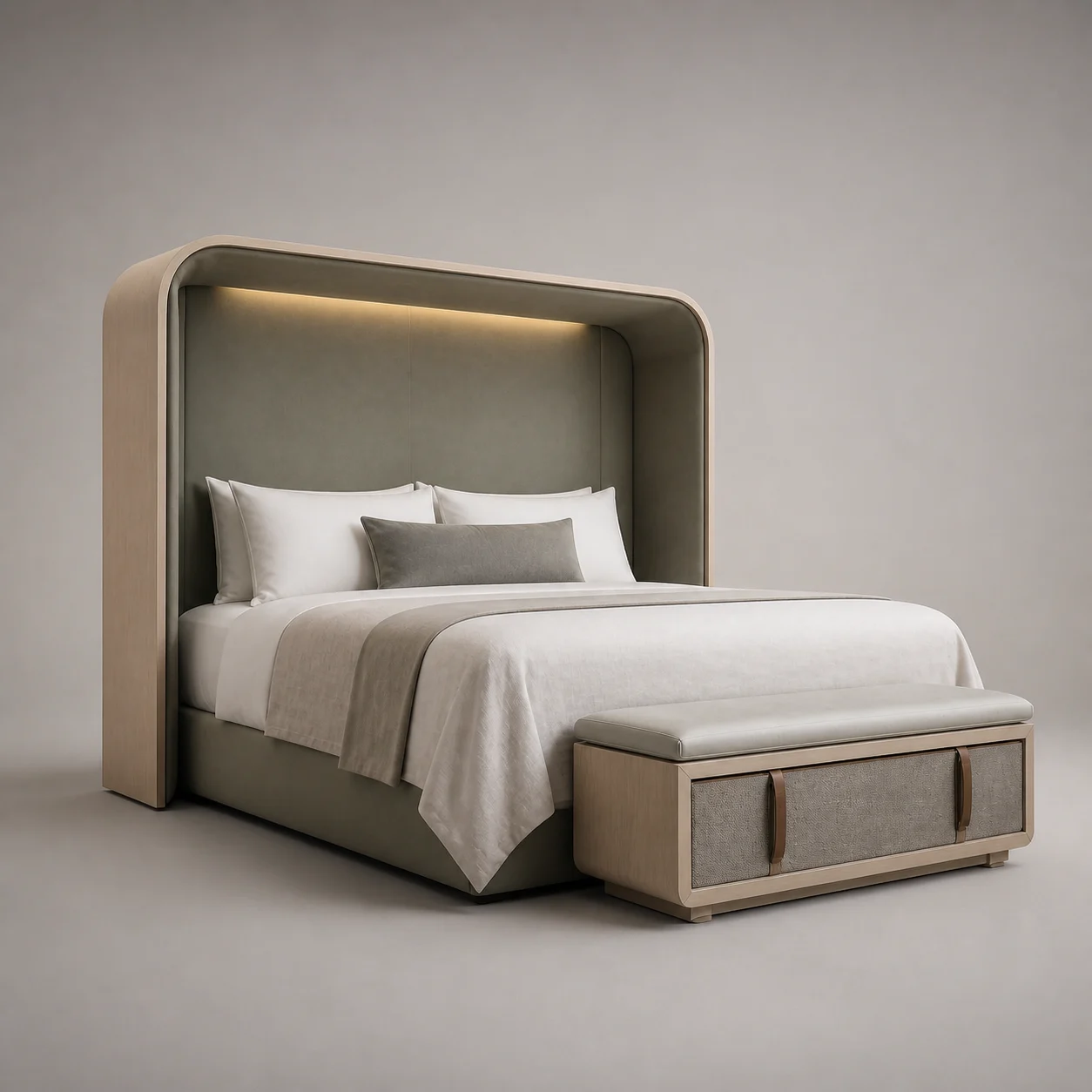 Haven Acoustic Bed studio concept visual in pale ash, warm flax textile, moss-grey acoustic lining