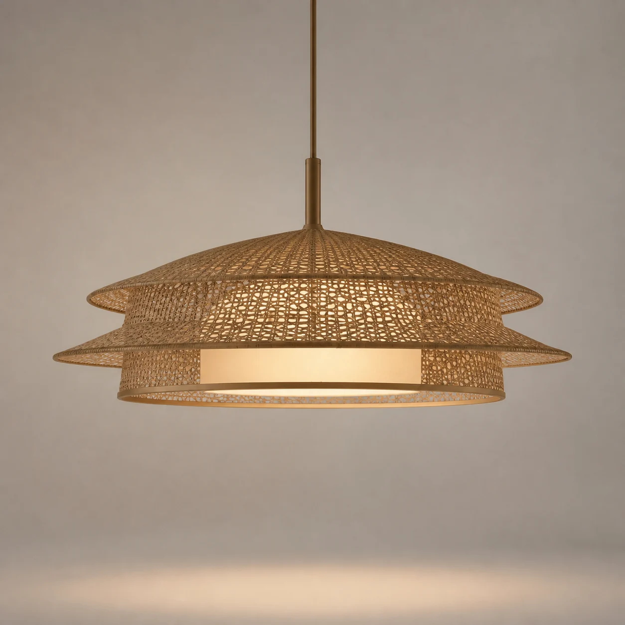 Lumen Fibre Pendant studio concept visual in natural fibre, patinated bronze, warm opal