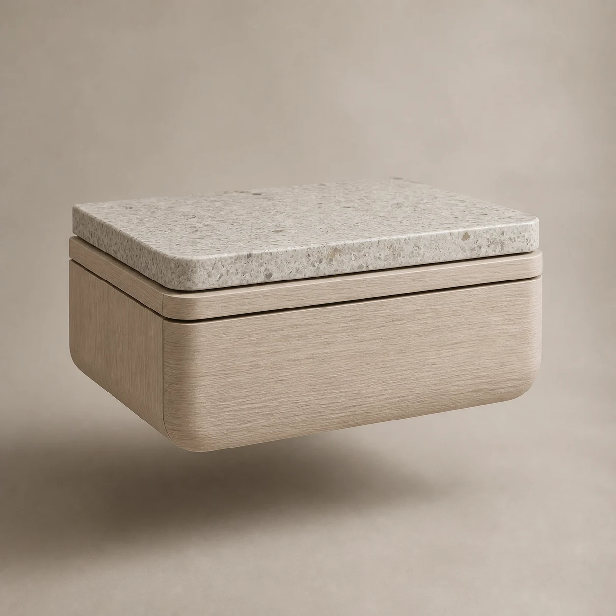 Pause Floating Night Table studio concept visual in pale ash, warm mineral terrazzo
