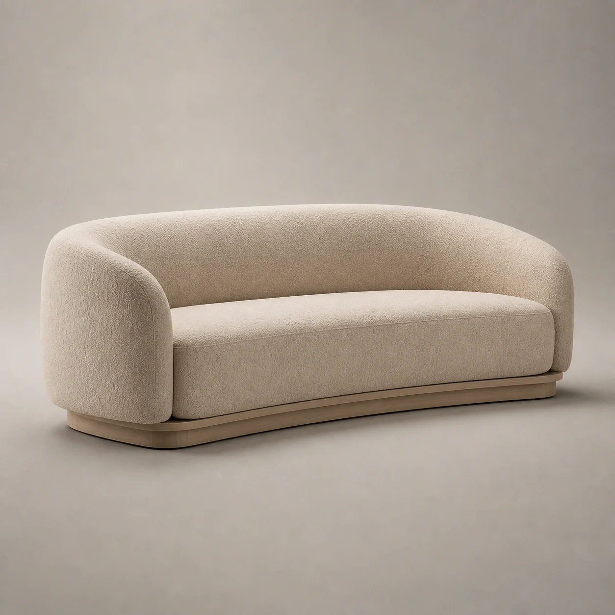 Refuge Soft Sofa studio concept visual in warm flax textile, pale-ash shadow base