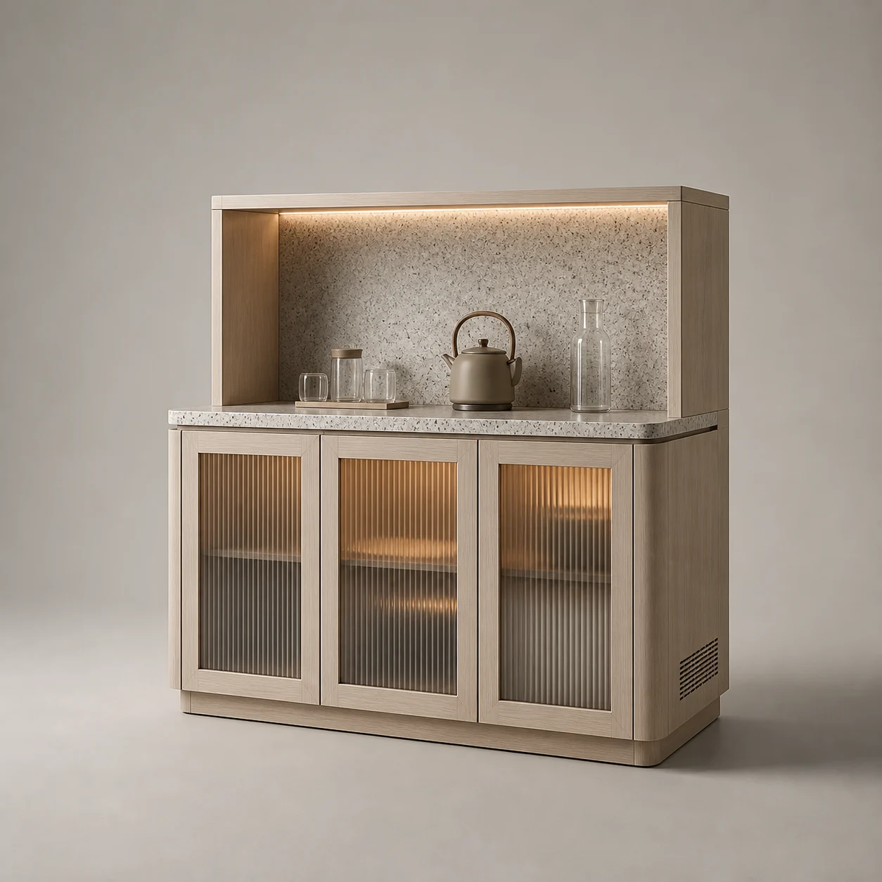 Renewal Tea Cabinet studio concept visual in pale ash, warm ribbed glass, mineral terrazzo