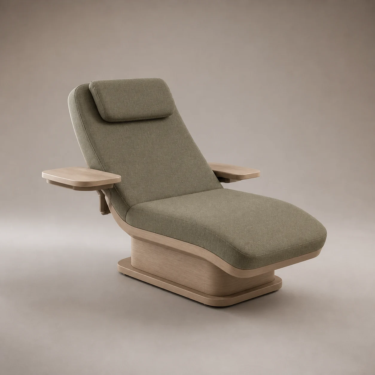 Repose Spa Recliner studio concept visual in pale ash, moss-grey textile