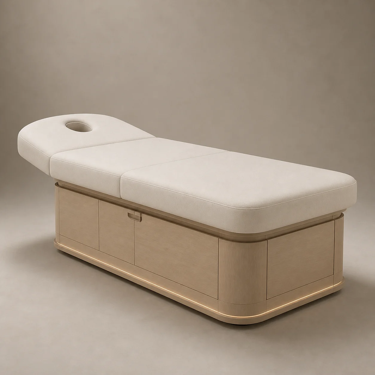 Restore Treatment Bed studio concept visual in pale ash, warm ivory performance upholstery