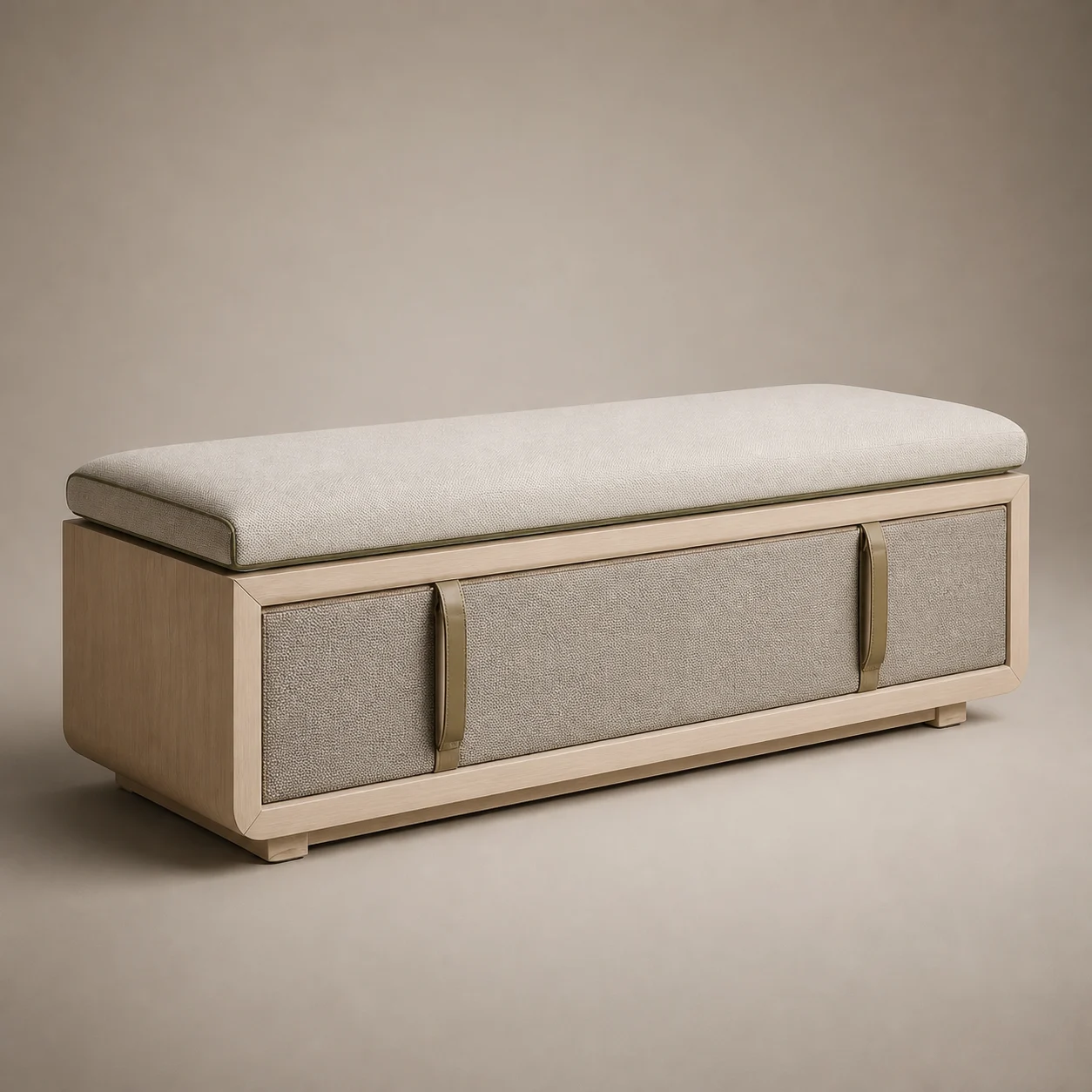 Ritual Storage Bench studio concept visual in pale ash, warm linen, moss piping