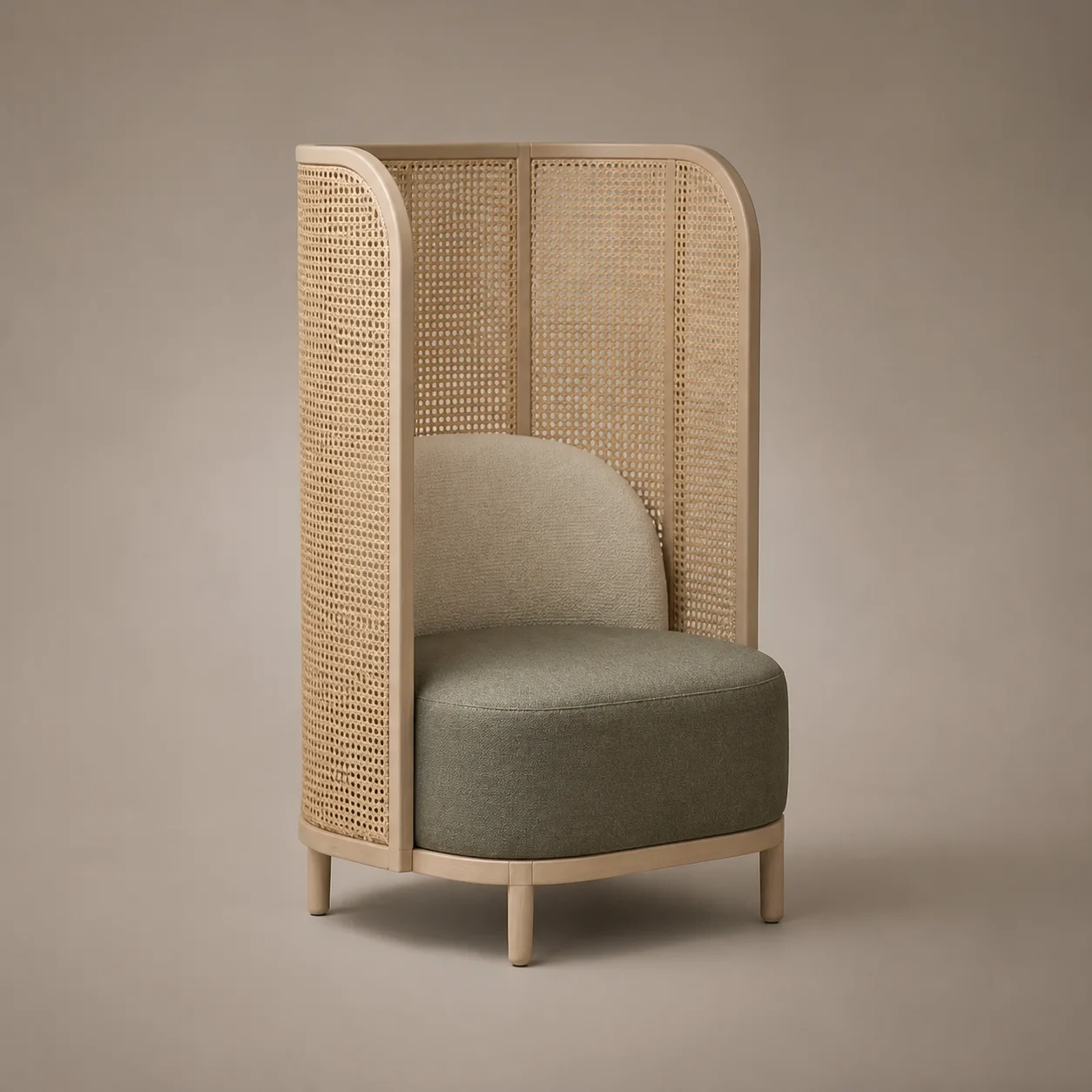 Veil High-Back Chair studio concept visual in pale ash, natural weave, moss-grey seat