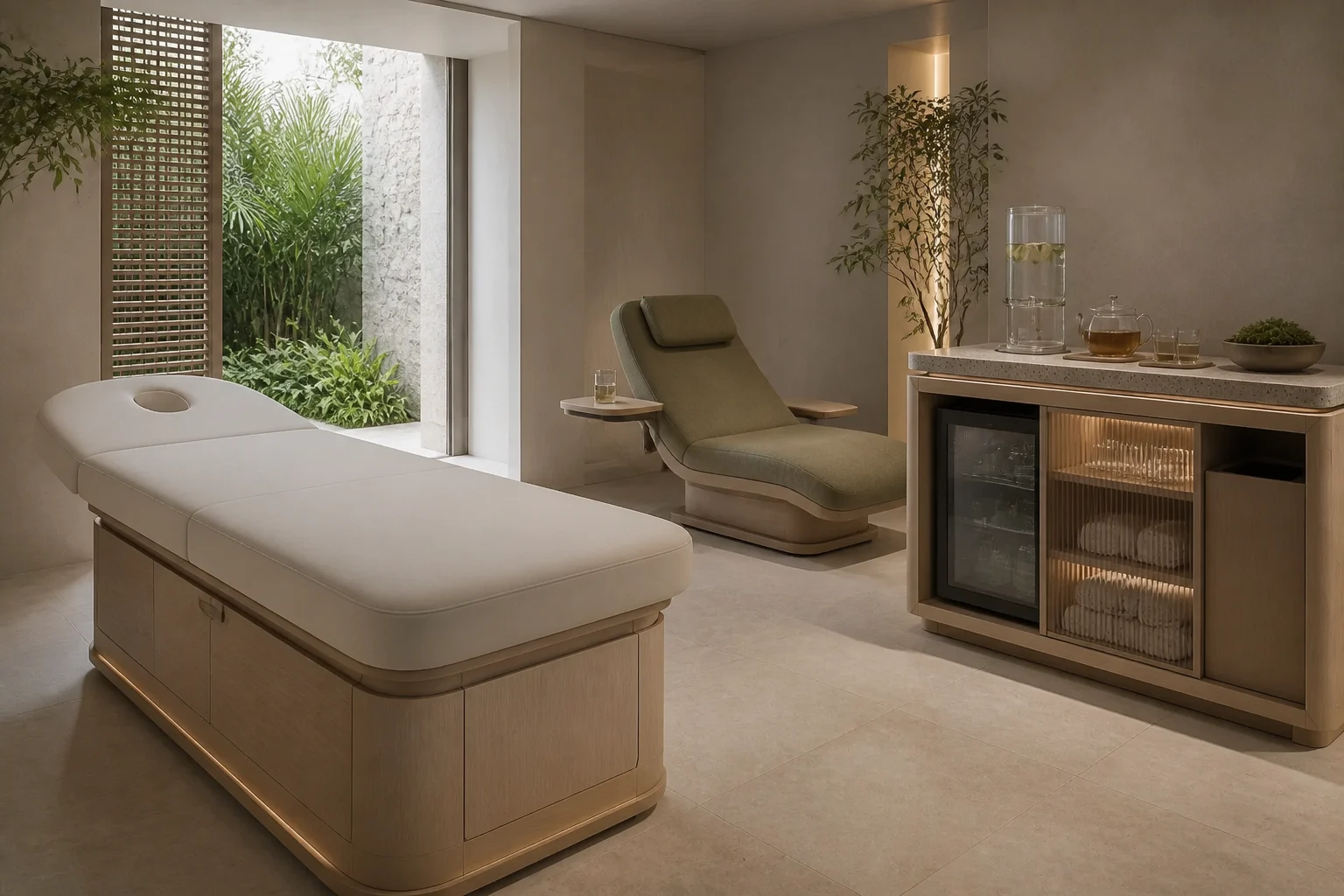 Hotel wellness treatment lounge with adjustable treatment bed, spa recliner and hydration console