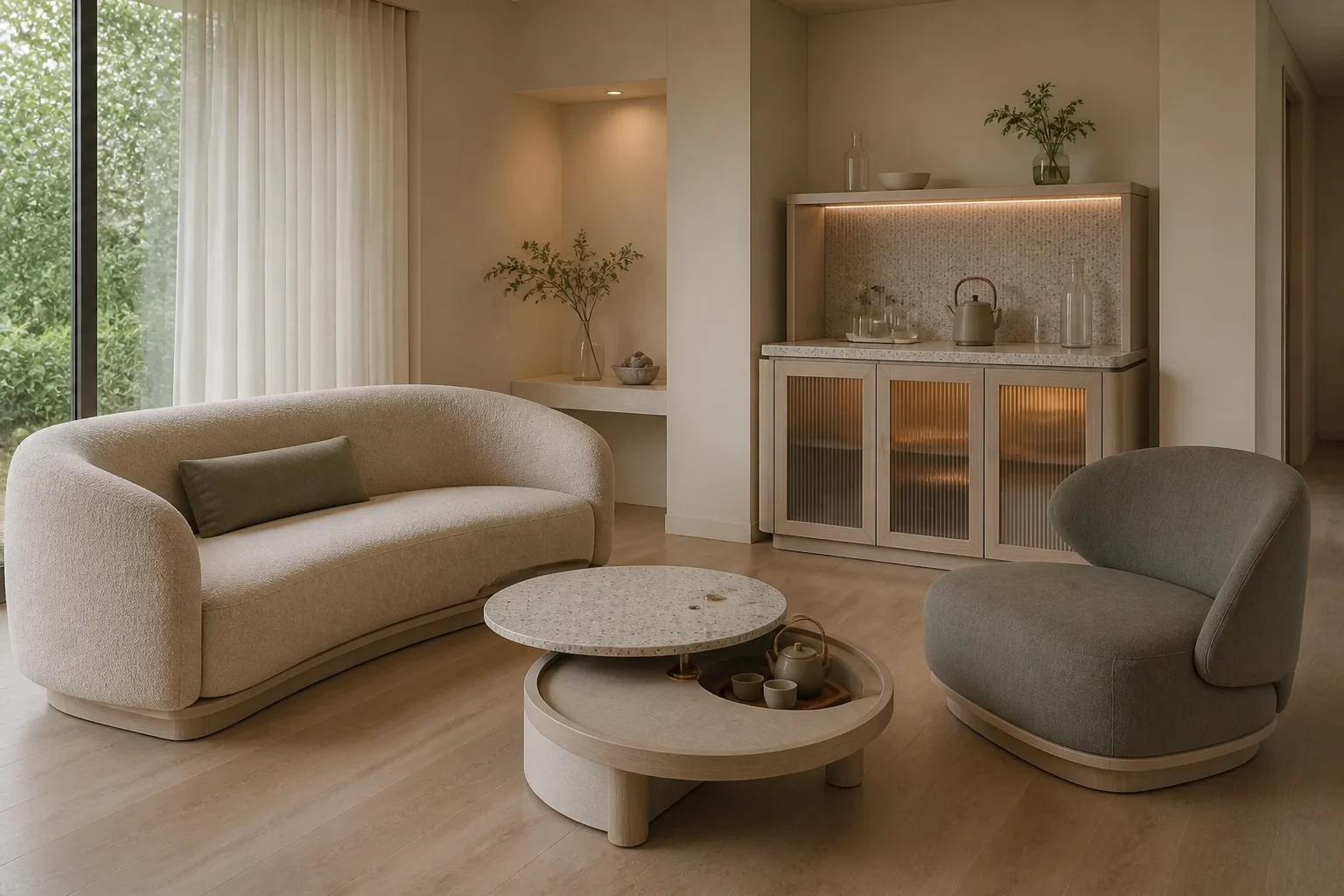Wellness hotel suite with soft sofa, meditation chair, tea table and ritual cabinet