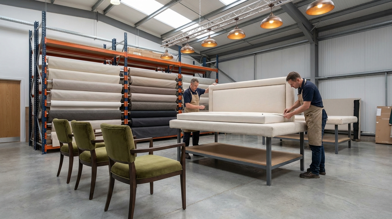 Craftsmen hand-finishing an upholstered headboard in a modern manufacturing facility with fabric rolls and olive velvet chairs