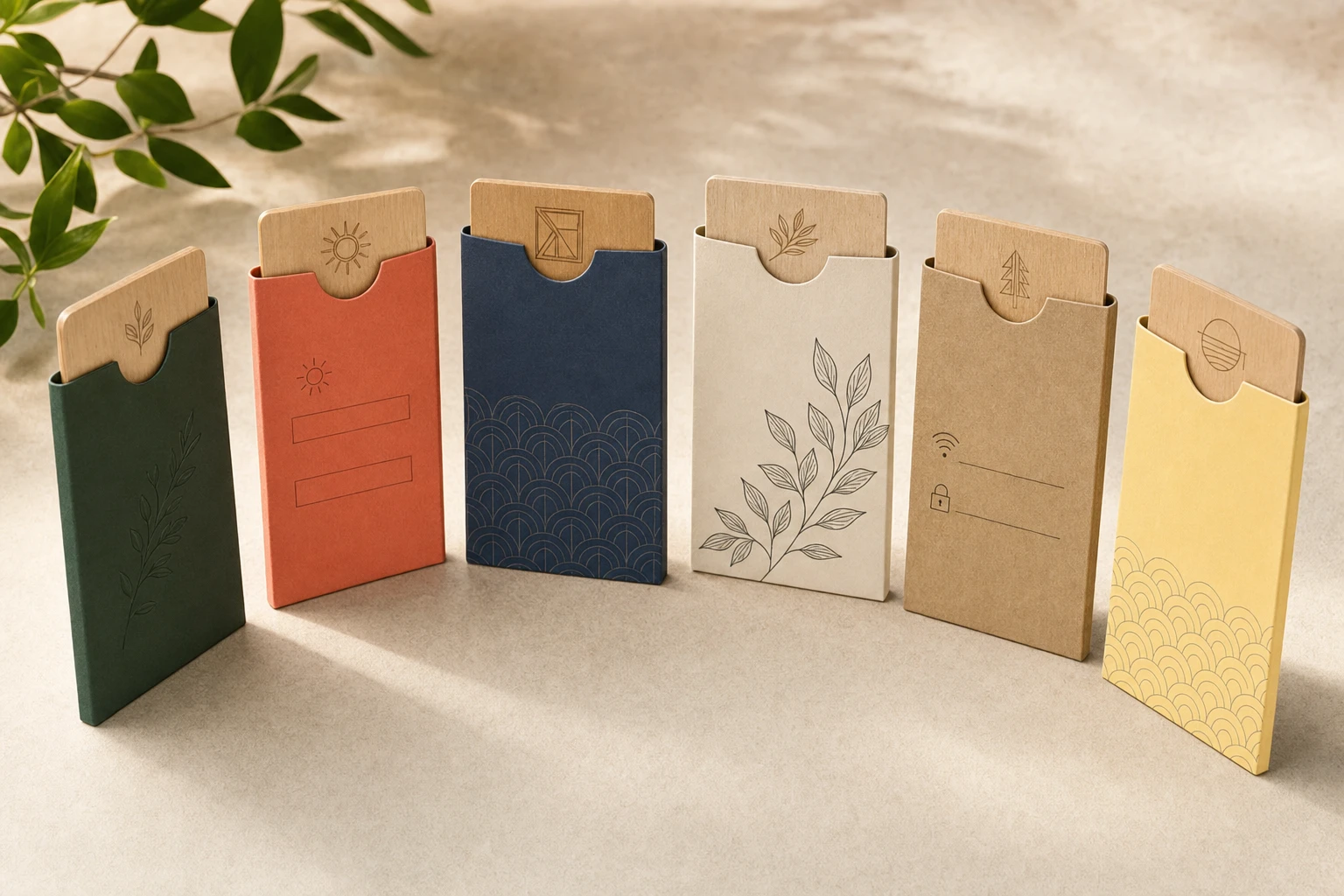Colour-coordinated paper key card sleeves with wooden RFID hotel key cards