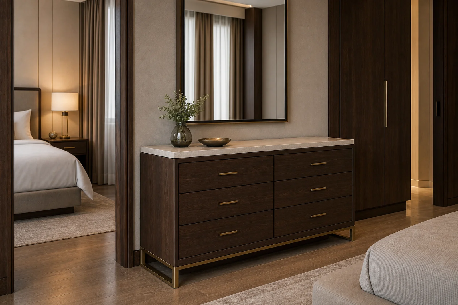 وحدة أدراج (Dresser) في مكانه — أجنحة الفنادق، غرف نزلاء الفنادق، غرف النوم السكنية