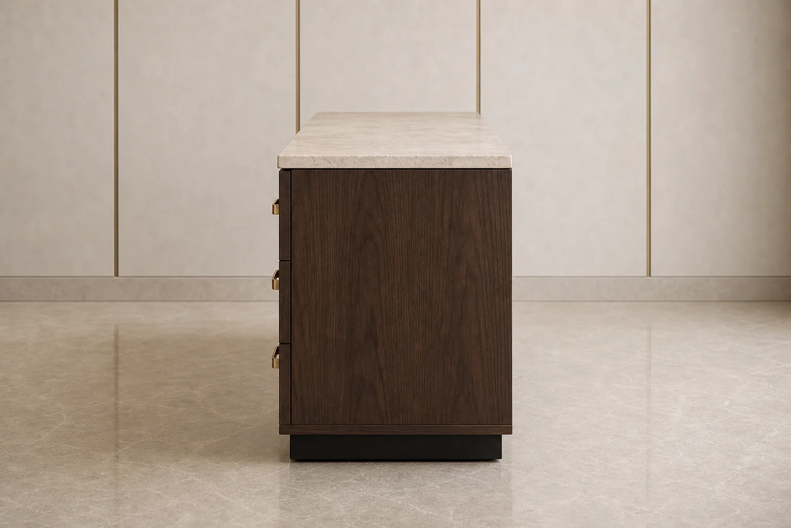وحدة أدراج (Dresser) — منظر جانبي · وحدة أدراج بستّة أدراج بخشب الجوز المدخّن مع سطح حجري ومقابض نحاسية