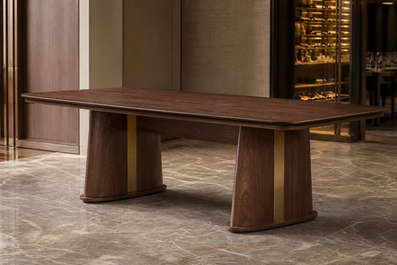 Rectangular walnut dining table with twin pedestal base in a luxury hotel dining room