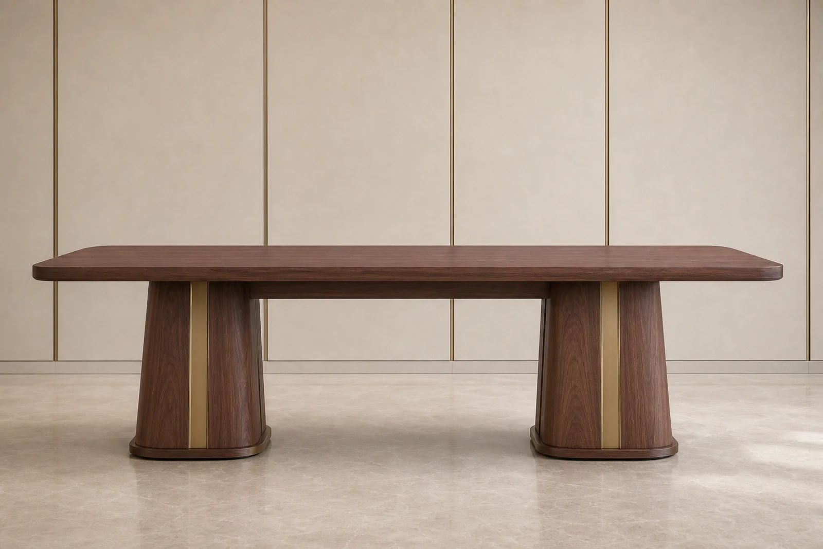 Rectangular Walnut Dining Table side profile - Rectangular walnut dining table with twin pedestal base and brushed bronze inlay