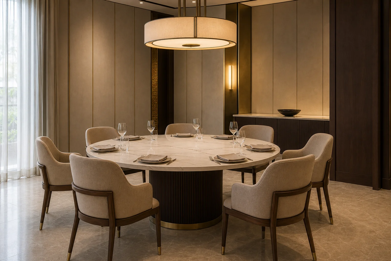Round Marble Dining Table in context - Private dining, restaurant corner tables, residential dining