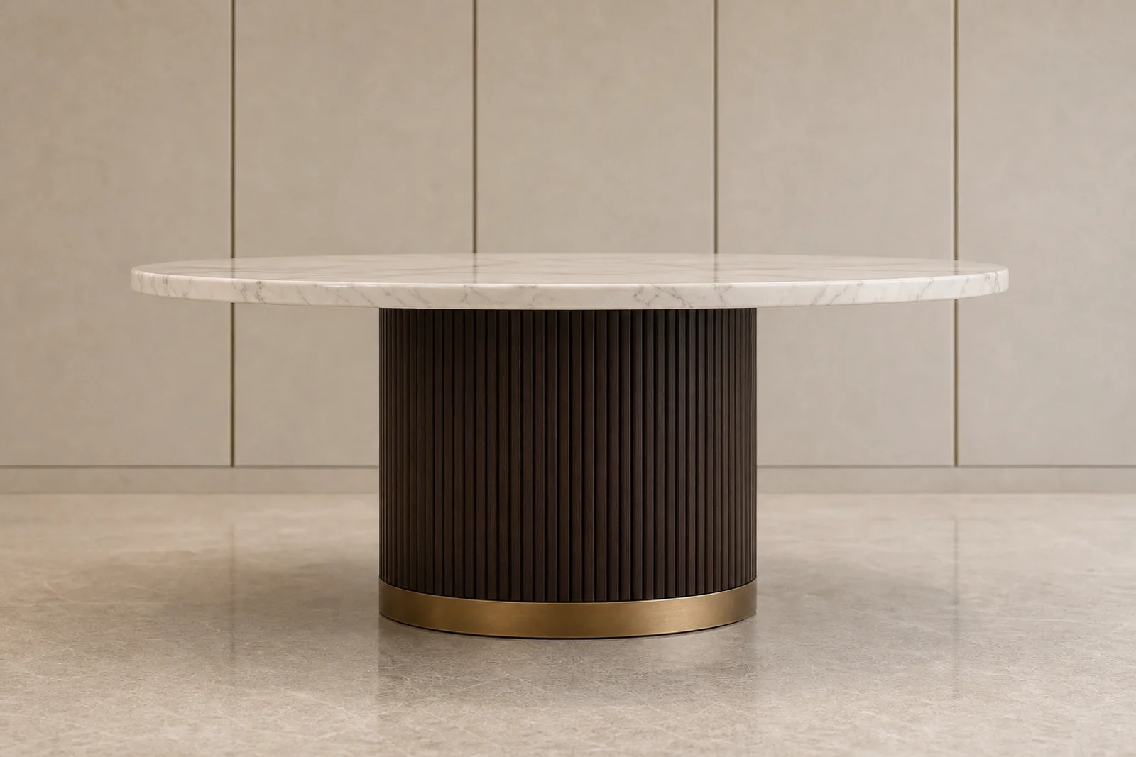 Round Marble Dining Table side profile - Round cream marble dining table with fluted smoked oak pedestal and brass collar