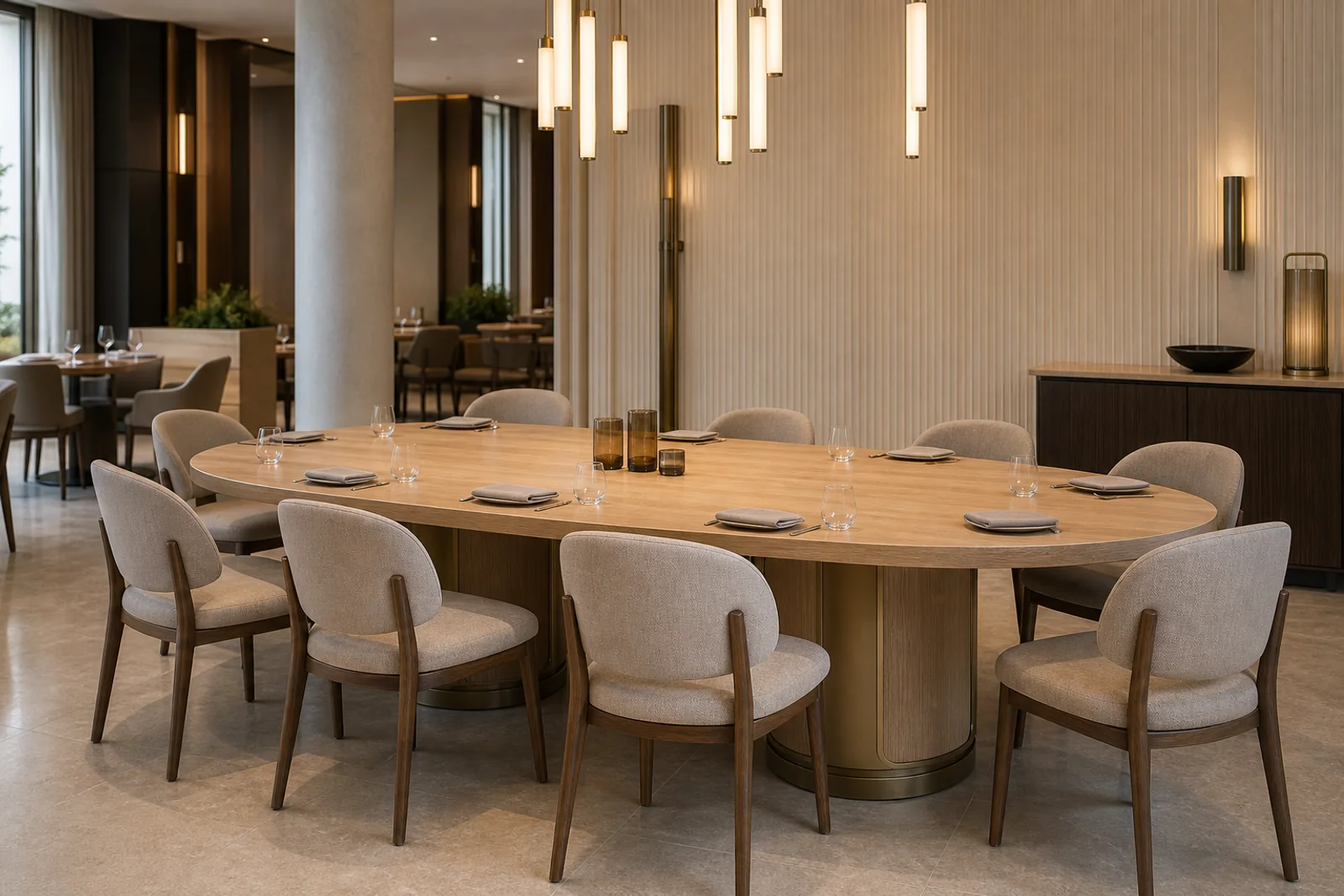 Oval Oak Dining Table in context - All-day dining, banquet dining, residential dining rooms