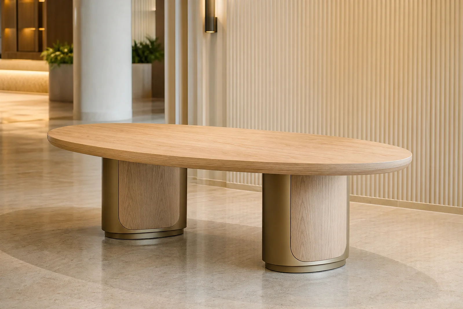 Oval oak dining table with champagne metal pedestal bases in a modern hotel restaurant