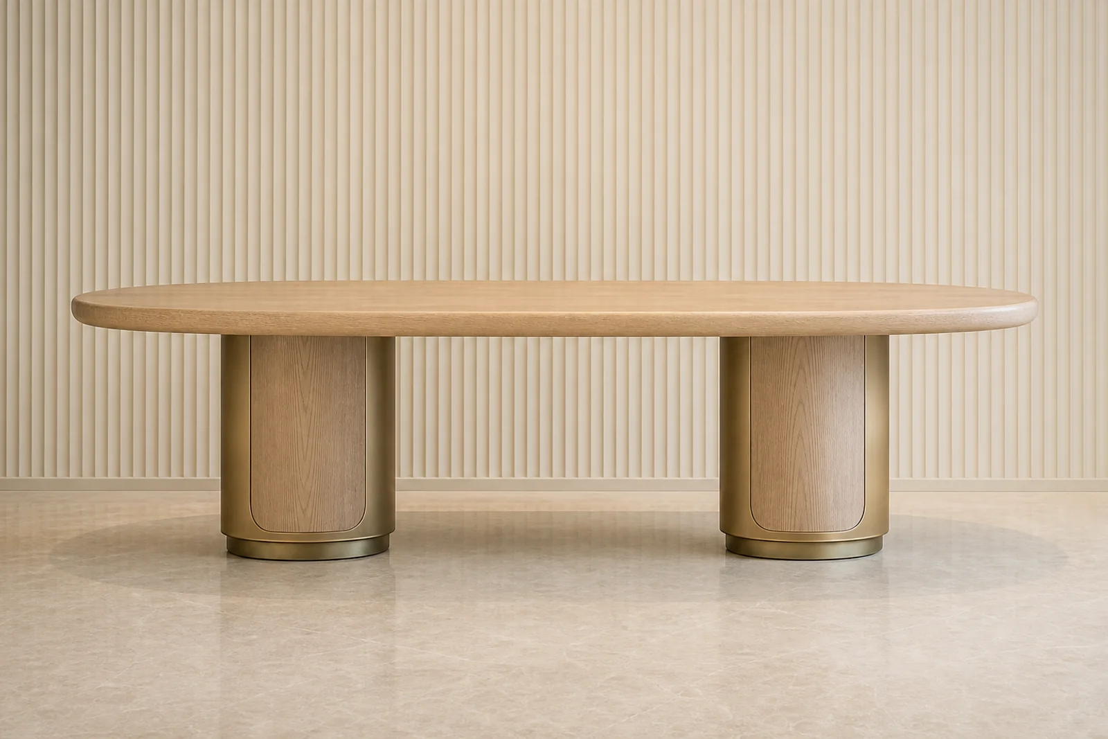 Oval Oak Dining Table side profile - Oval oak dining table with champagne metal pedestal bases