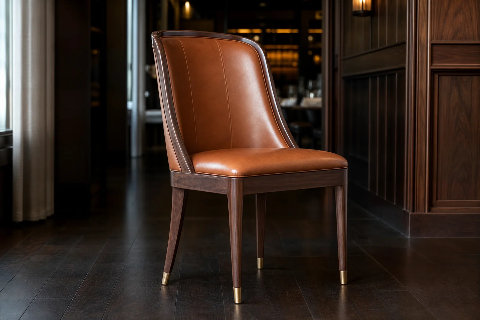 Cognac leather upholstered dining chair with walnut frame and brass ferrules