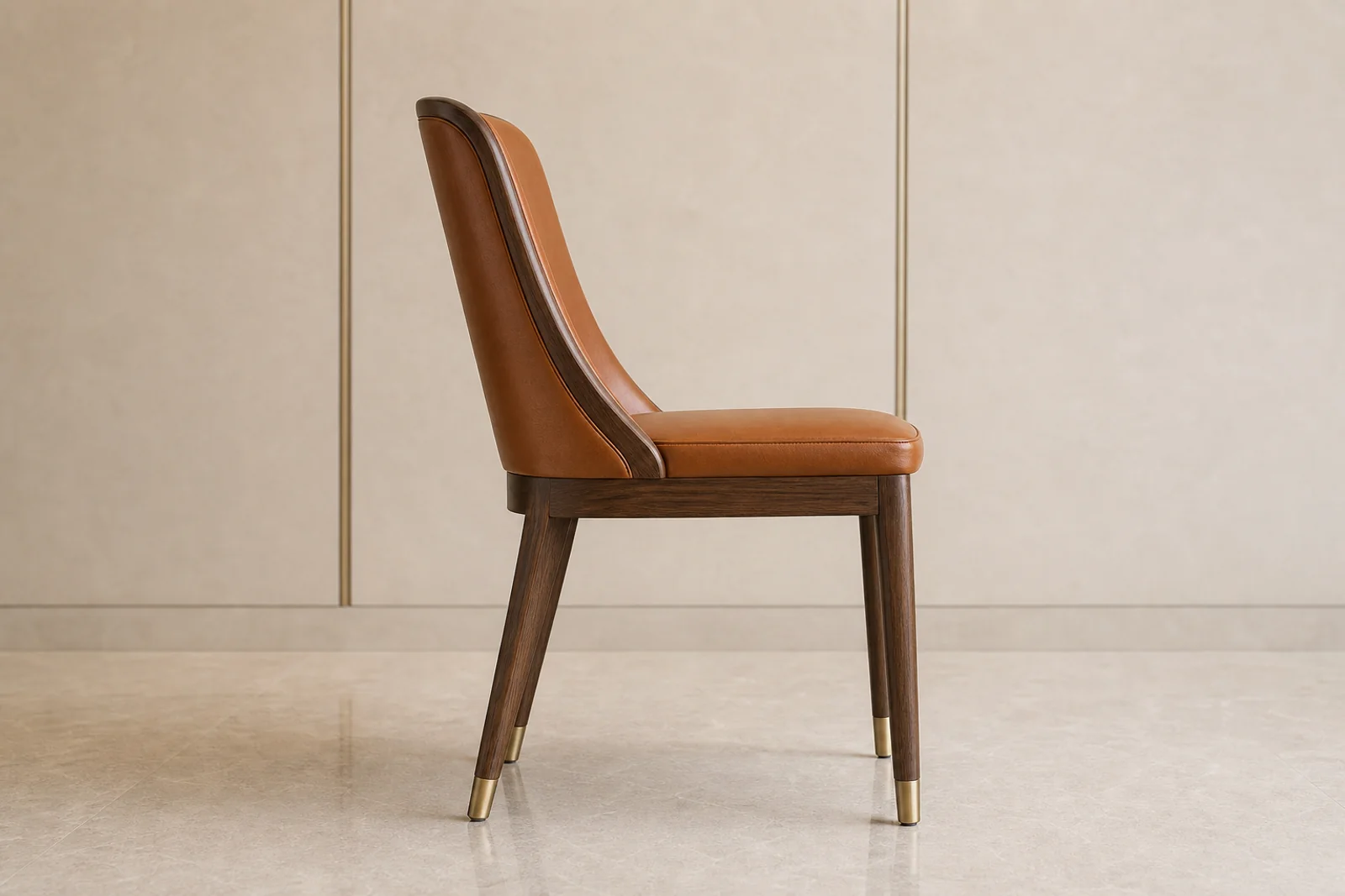 Upholstered Restaurant Dining Chair side profile - Cognac leather upholstered dining chair with walnut frame and brass ferrules