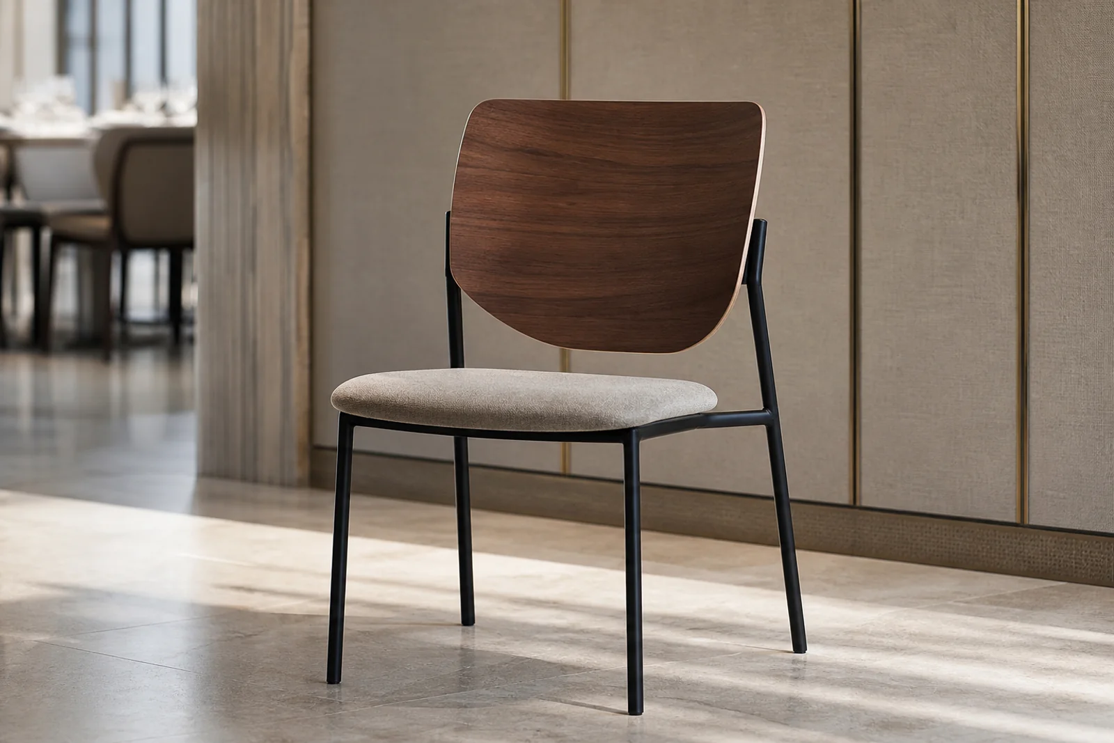 Stackable dining chair with black metal frame, walnut shell back, and upholstered seat
