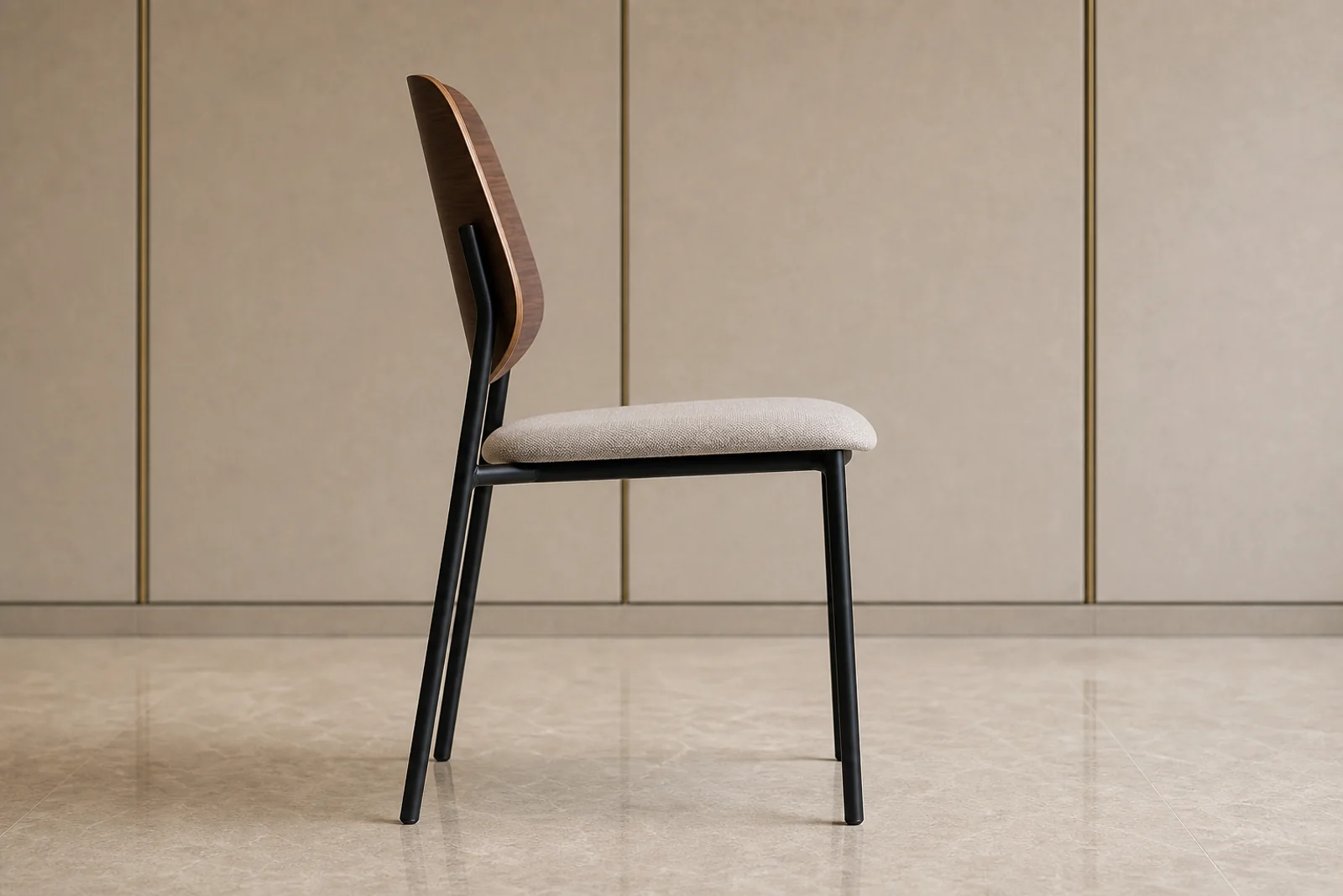Stackable Dining Chair side profile - Stackable dining chair with black metal frame, walnut veneer back, and greige upholstered seat