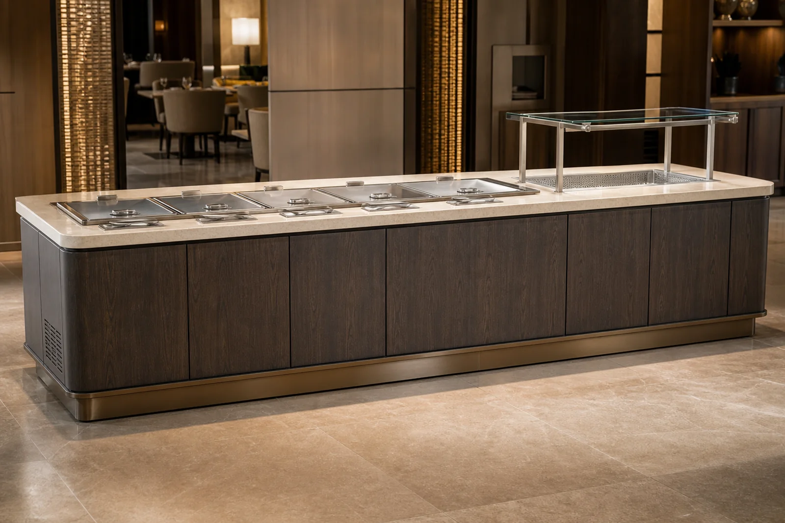 Long hotel buffet table with stone top, dark wood body, and heated serving zones
