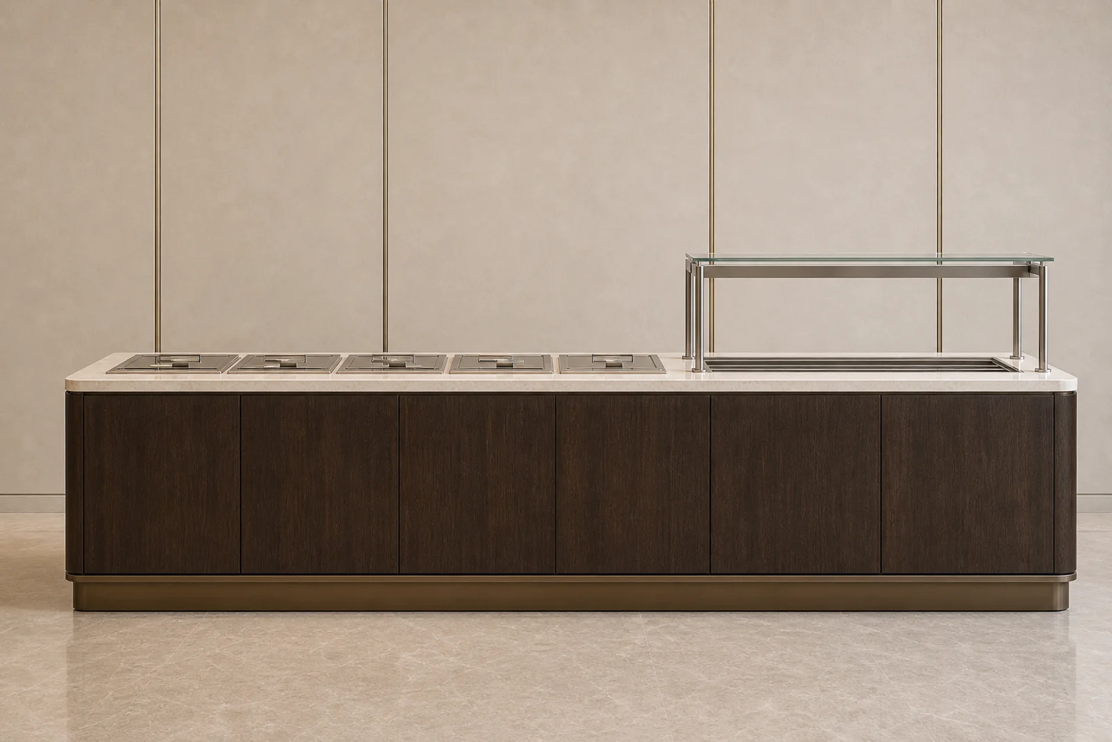 Hotel Buffet Table side profile - Long hotel buffet table with stone top, smoked oak body, and heated serving zones