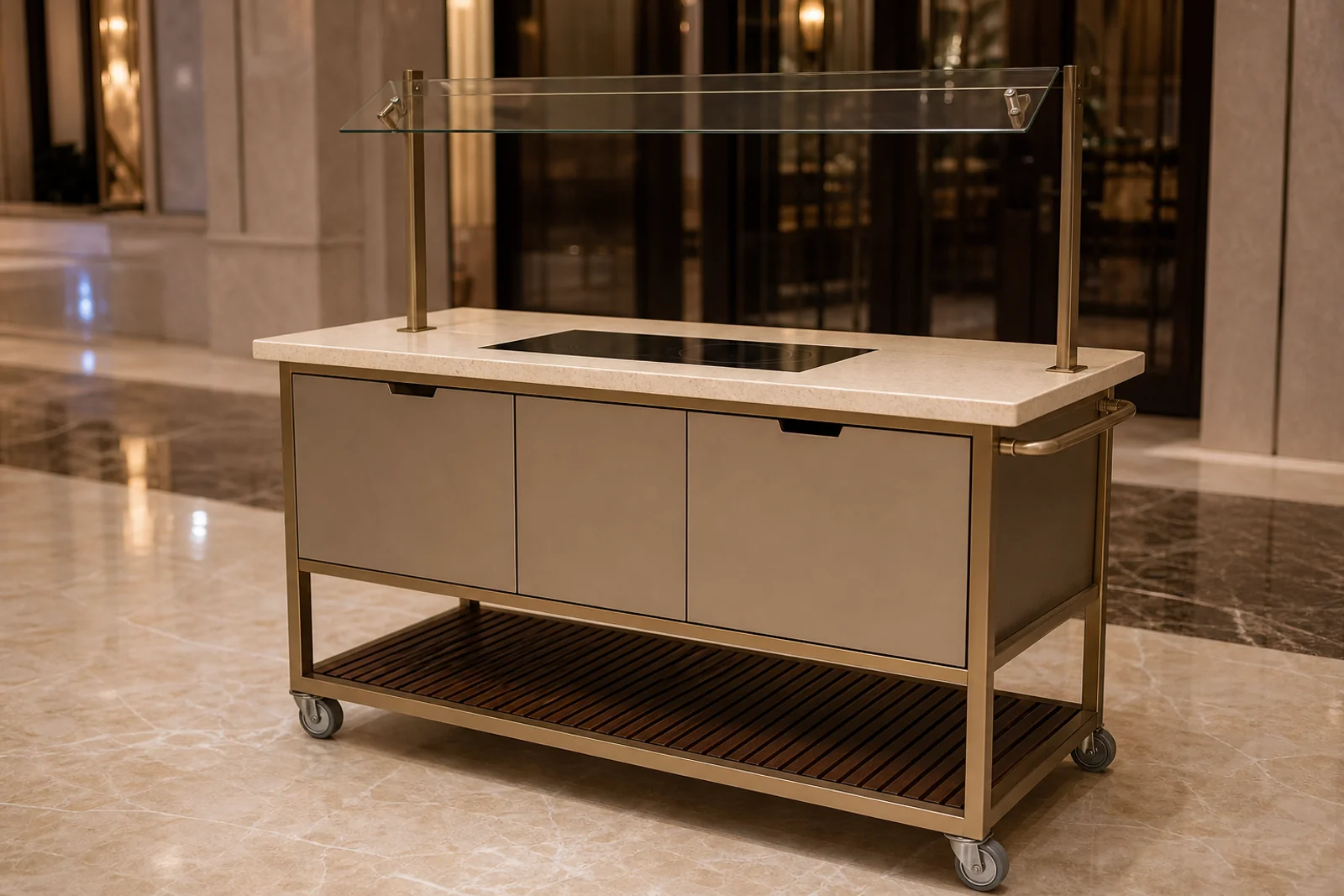 Mobile buffet station with glass sneeze guard, stone top, and concealed casters