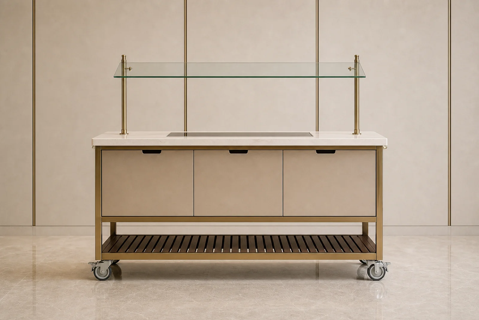 Mobile Buffet Station side profile - Mobile buffet station with glass guard, stone top, champagne frame, and concealed casters