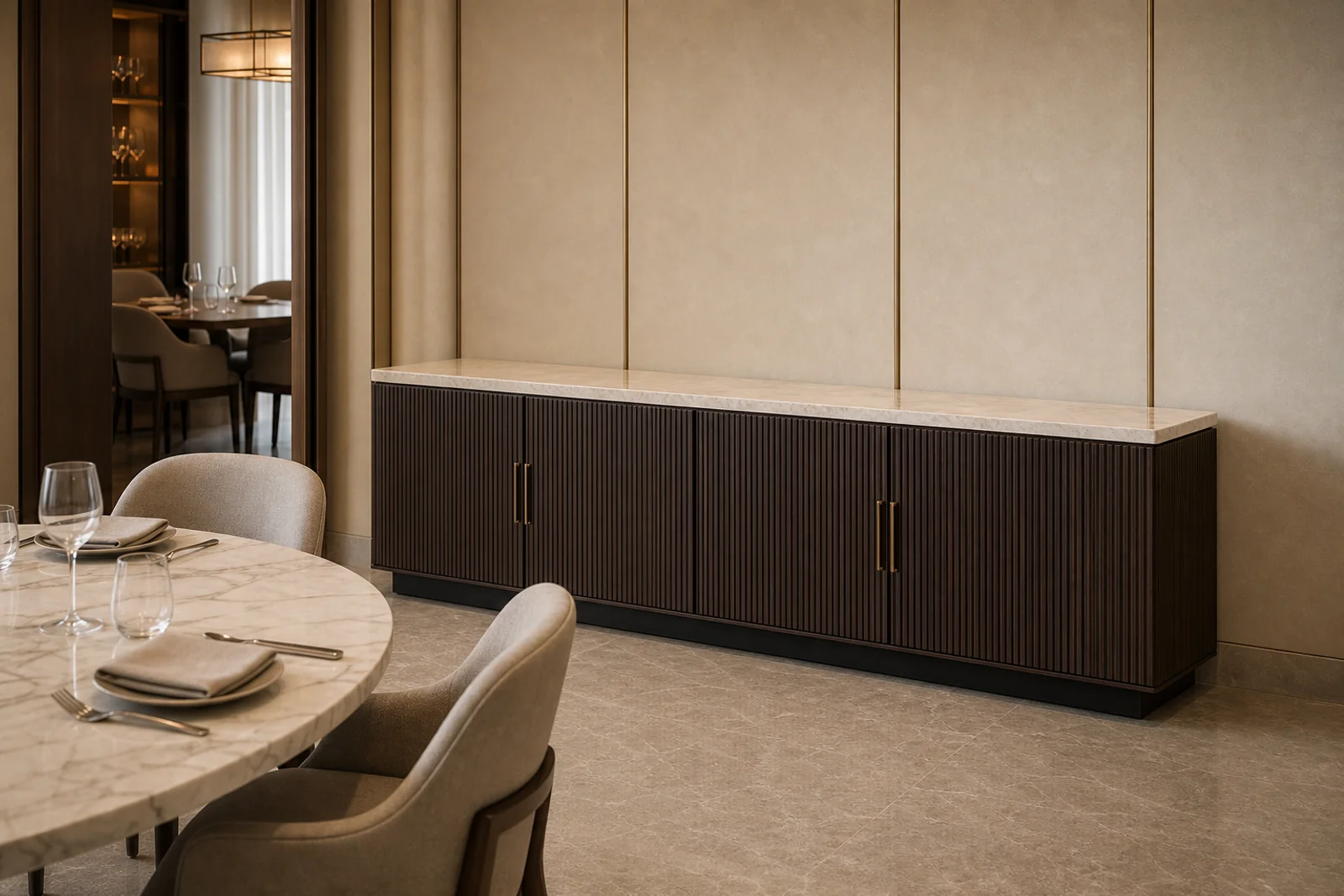 Fluted Sideboard in context - Private dining, restaurant storage, residential dining rooms