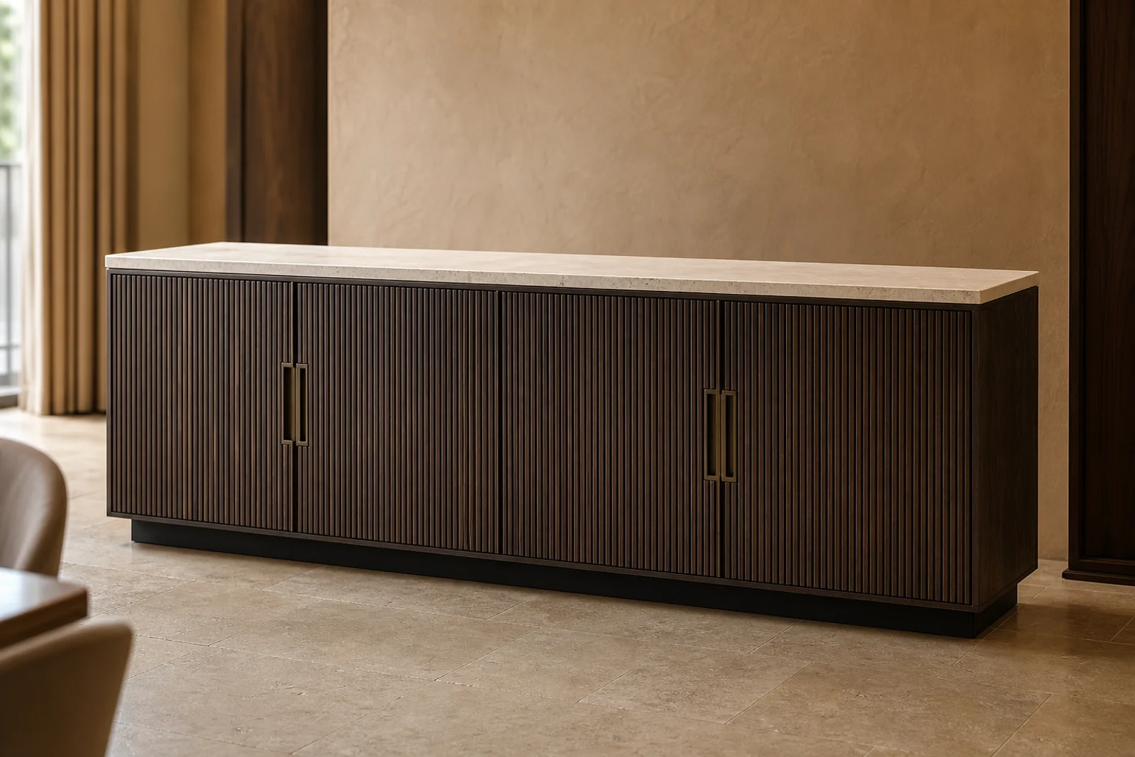 Fluted smoked oak sideboard with travertine top in a private dining room