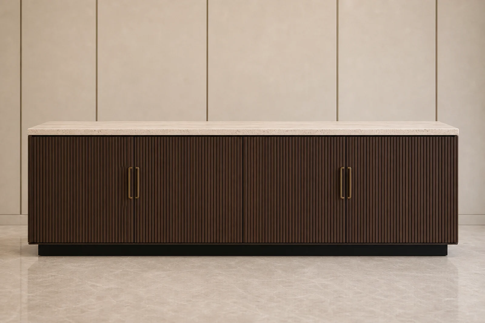 Fluted Sideboard side profile - Fluted smoked oak sideboard with cream travertine top and bronze handles