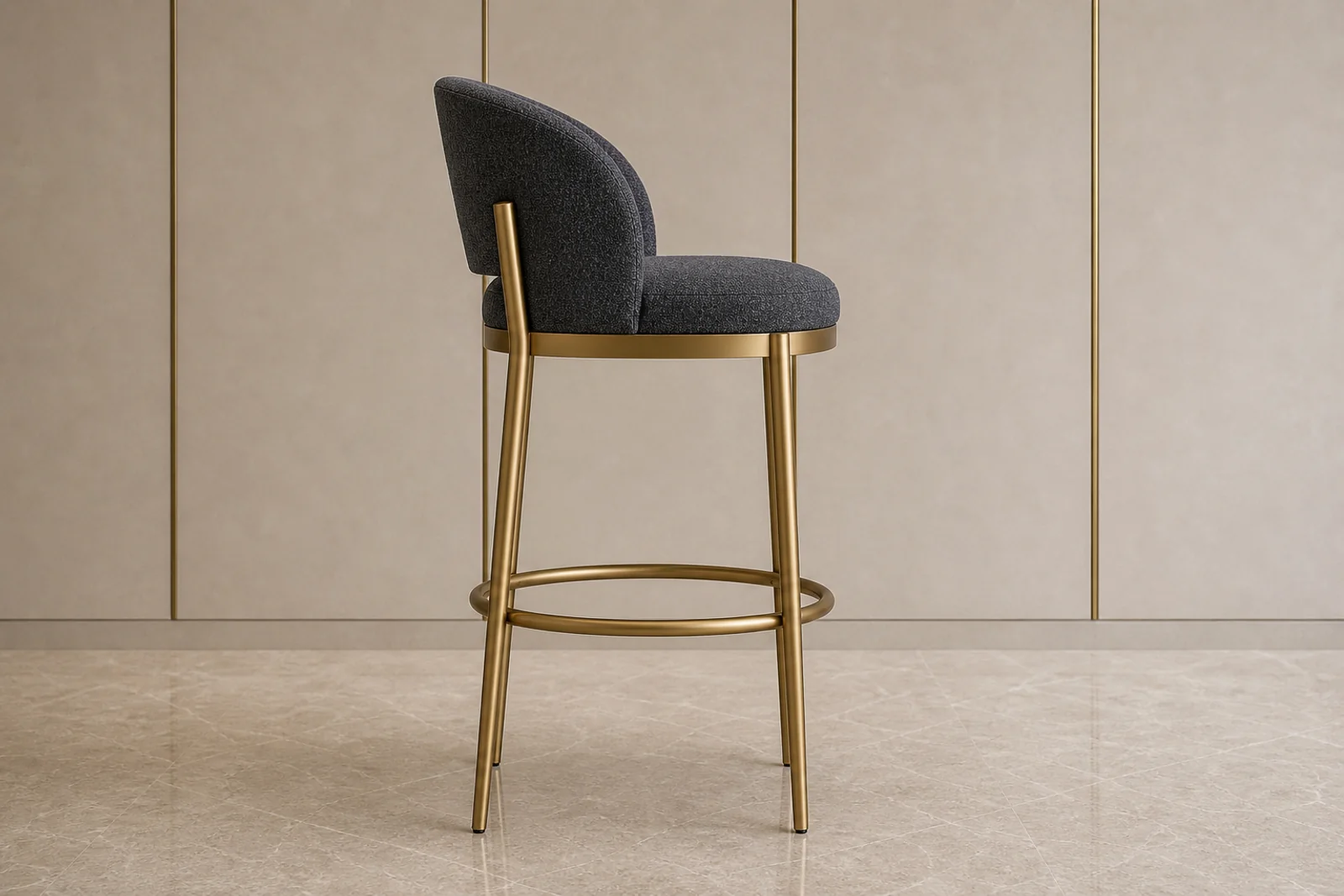 Brass Bar Stool side profile - Charcoal upholstered bar stool with brushed brass frame and circular footrest