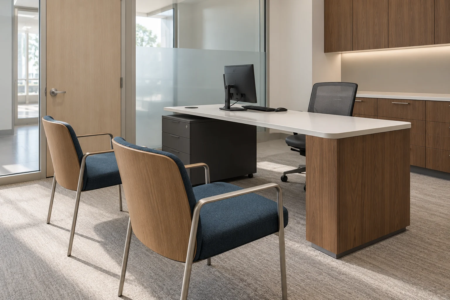 Concept de mobilier généré numériquement pour un bureau de consultation de clinique en noyer, avec chaises pour les visiteurs et rangement côté personnel