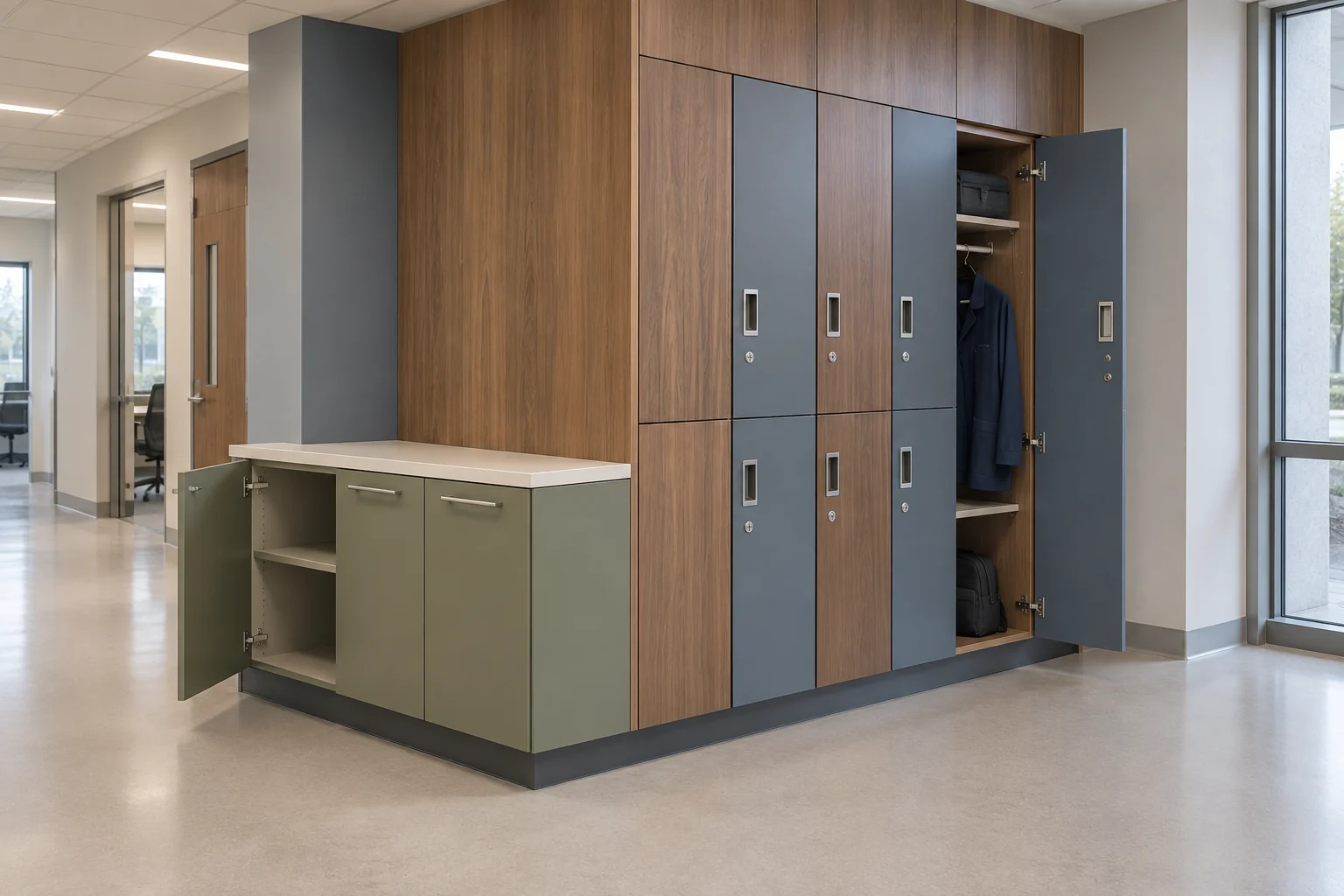 Concept de mobilier généré numériquement pour des casiers du personnel et des meubles verrouillables coordonnés pour une clinique, portes ouvertes montrant les étagères et la quincaillerie